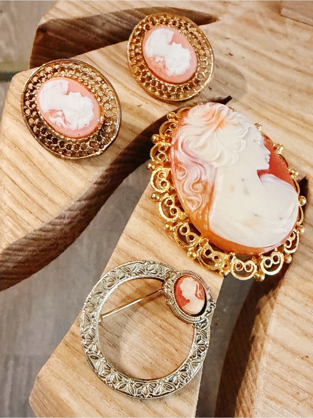 Vintage Gold and Coral Cameo Brooch and Earring Set